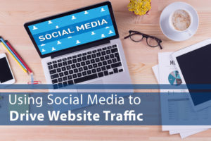 Computer on Desk with Words "Using Social Media to Drive Website Traffic" over the image